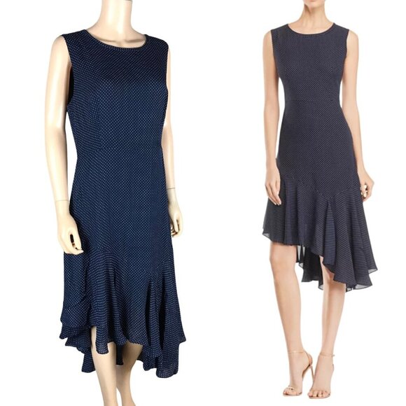 KOBI HALPERIN Navy Silk Polka Dot Asymmetric Dress NWT 14 - Picture 1 of 11